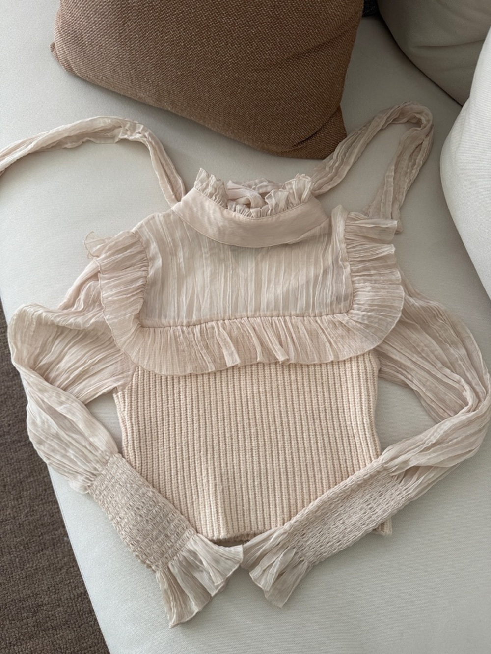 Zara Cream Ruffle Turtleneck Knit Sweater